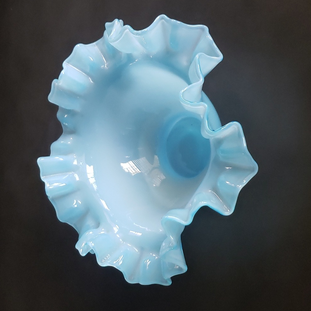 Fenton Aqua/Blue Milk Glass Ruffled Footed Bowl 6.5" x 3.5"